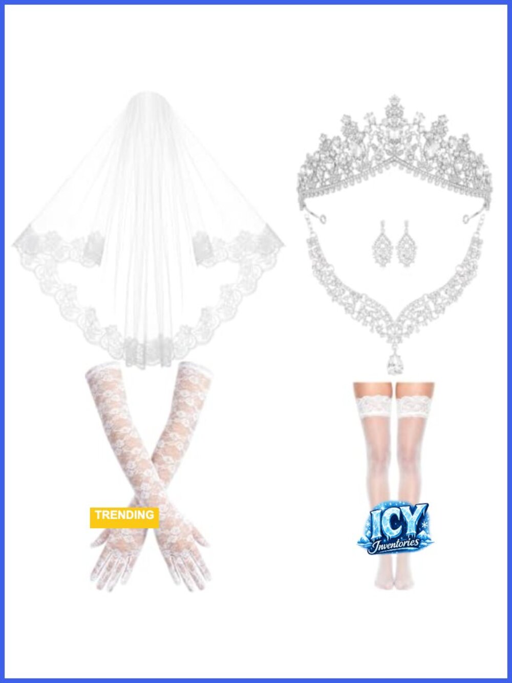 Lace Bridal Accessories Set 6 Piece with Crystal Tiara Necklace Earrings Veil